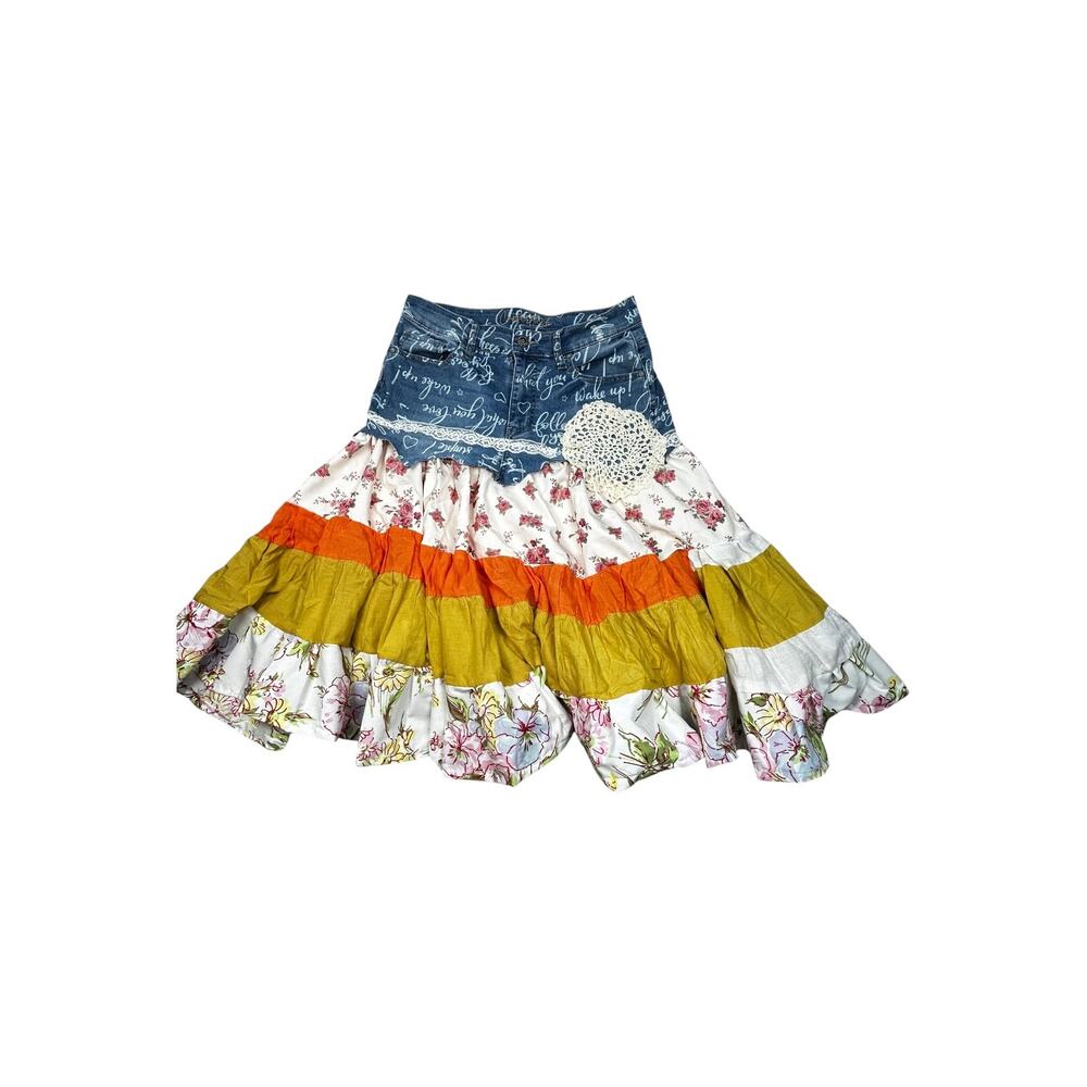 High Rise Size 10 Upcycled Denim Floral Tiered Boho Maxi Skirt Lace OOAK - Picture 2 of 10